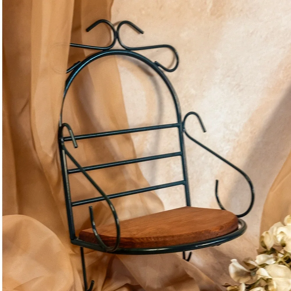 Green Metal Wall Hanging Shelf with Wooden Base